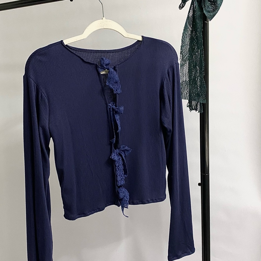 Navy Blue Lace Ribbon Women's Top